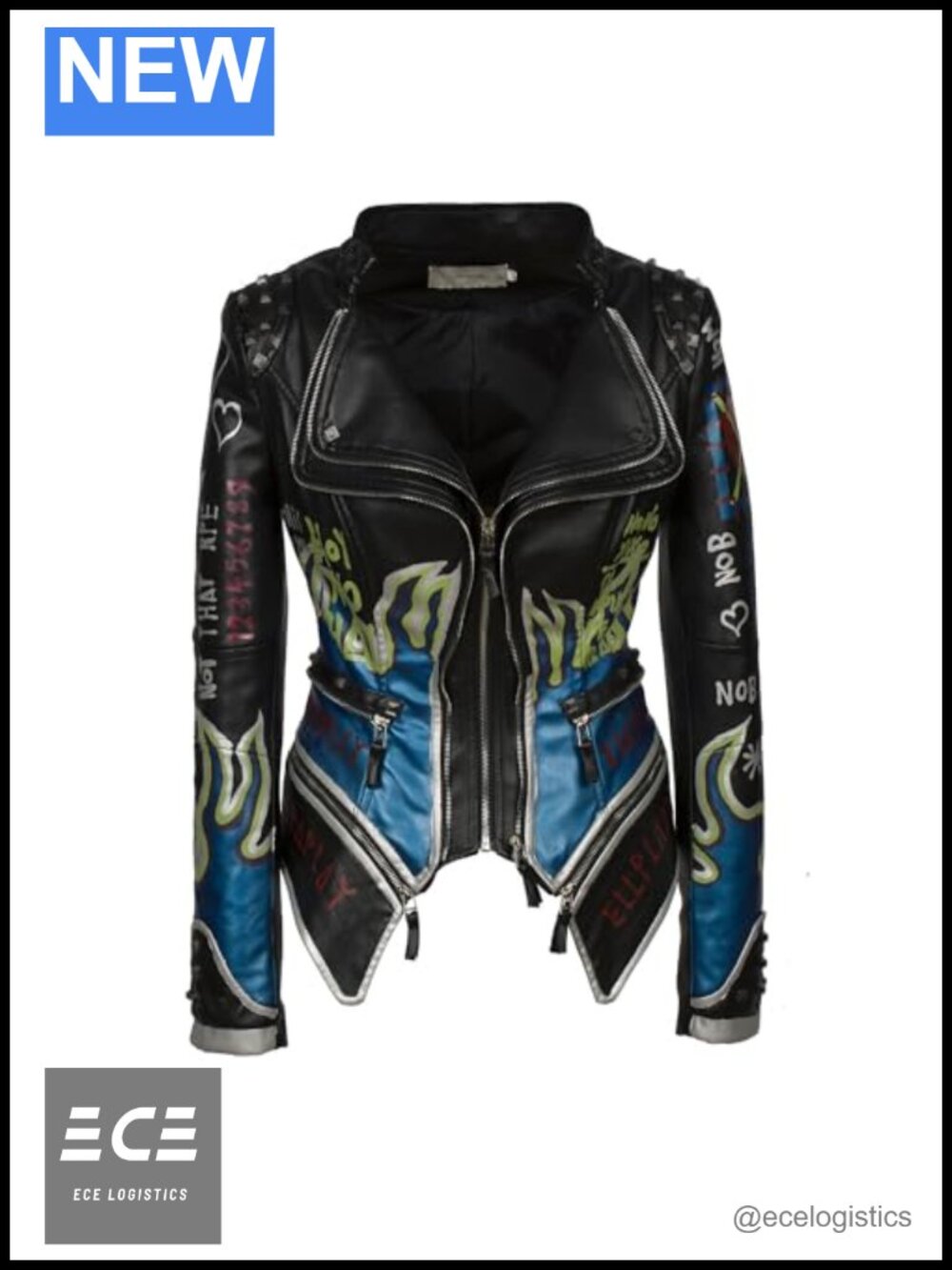 Faux Leather Hand Painted Graffiti Studded Moto Jacket PU Coat